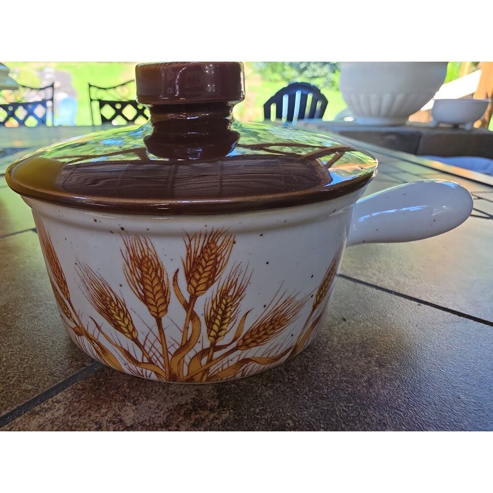 Vtg Main Aisle Buckwheat Stoneware Covered Soup Chili Mug Handle Lid Japan 70s